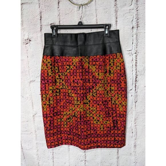 Akris Punto Geometric Pattern Knit‎ Midi Pencil Skirt w Leather Waist Sz 8 - Picture 1 of 9
